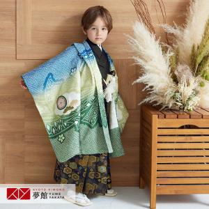 5歳　七五三　緑色の波着物 七五三 着物 レンタル 753 5歳 男の子 緑 鷹に波と菱格子 端午の節句
