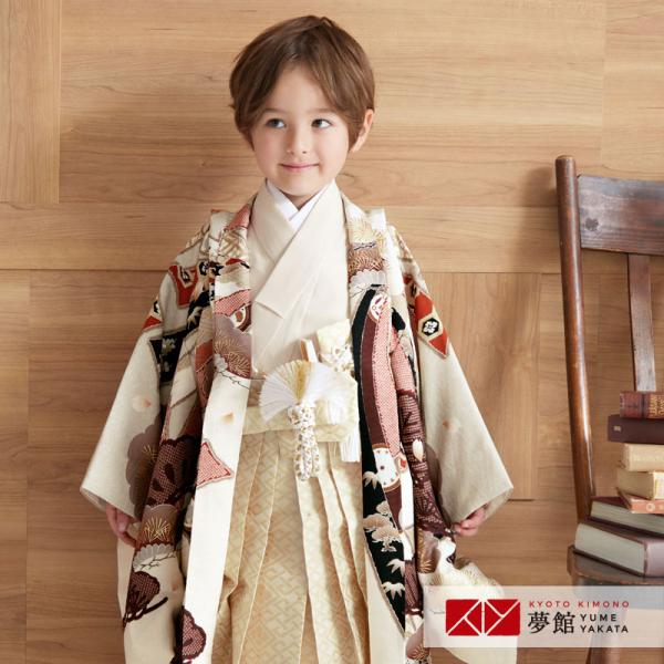 七五三 着物 レンタル 753  5歳 男の子 華徒然 ブランド着物 ベージュ熨斗束向い鷹×クリーム...