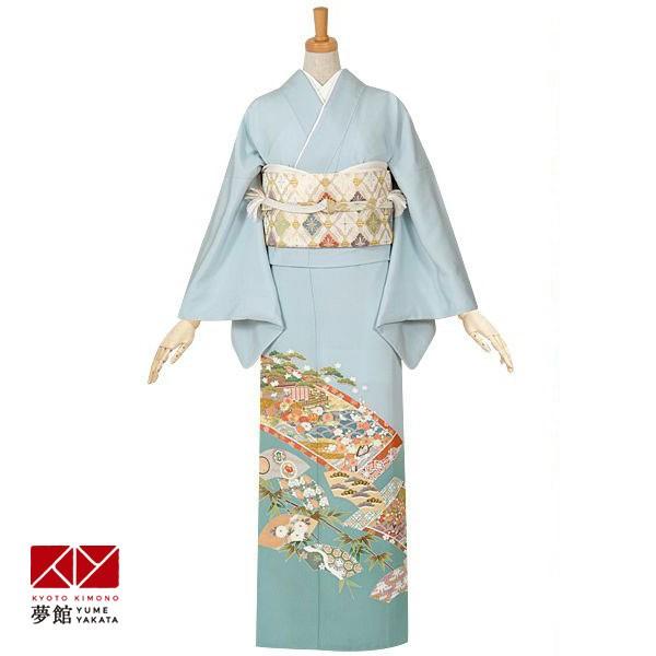 色留袖 レンタル 袷 安い 訳あり特価 水色 平安絵巻(E144) 対応身長147〜159cm  結...