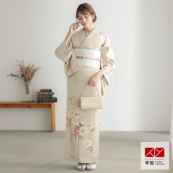 訪問着 レンタル 入学式 卒業式 結婚式 袷 ベージュ 牡丹に藤と桜 七五三 身長154〜165cm...