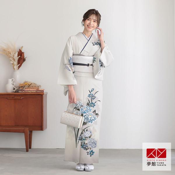 訪問着 レンタル 入学式 卒業式 結婚式 袷 ライトグレー 牡丹にカキツバタ(H1390)(H144...