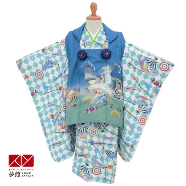 七五三 着物レンタル 3歳 753 男の子 フルセット 被布 青 鷹に扇と的矢(K247) 三歳 K...