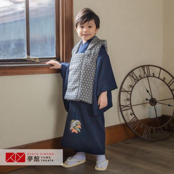 七五三 着物レンタル 3歳 753 男の子 フルセット 被布 黒麻の葉×紺刺繍鶴松 三歳 K102