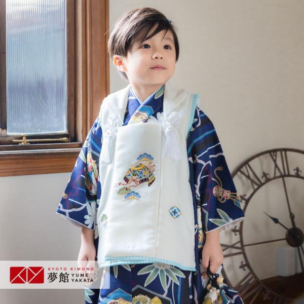 七五三 着物レンタル 3歳 753 男の子 フルセット 被布 白兜×紺縞雪輪に武具と龍 三歳 K11...