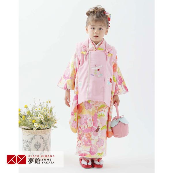 七五三 着物レンタル 3歳 753 式部浪漫 ブランド着物 女の子 フルセット 被布 ピンク鶴×黄色...