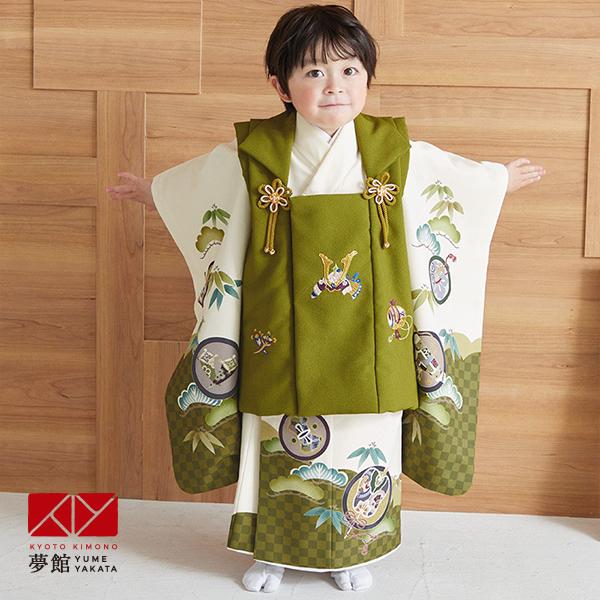 七五三 着物レンタル 3歳 753 男の子 フルセット 被布 安い 訳あり特価 抹茶兜×オフホワイト...
