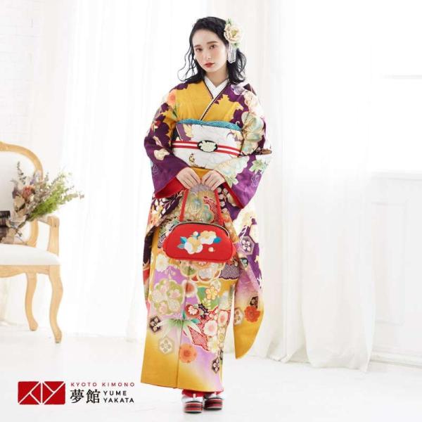 振袖レンタル  オレンジ×紫 松竹梅桜藤に鶴(絹) 成人式 結婚式 対応身長154〜165cm 2〜...