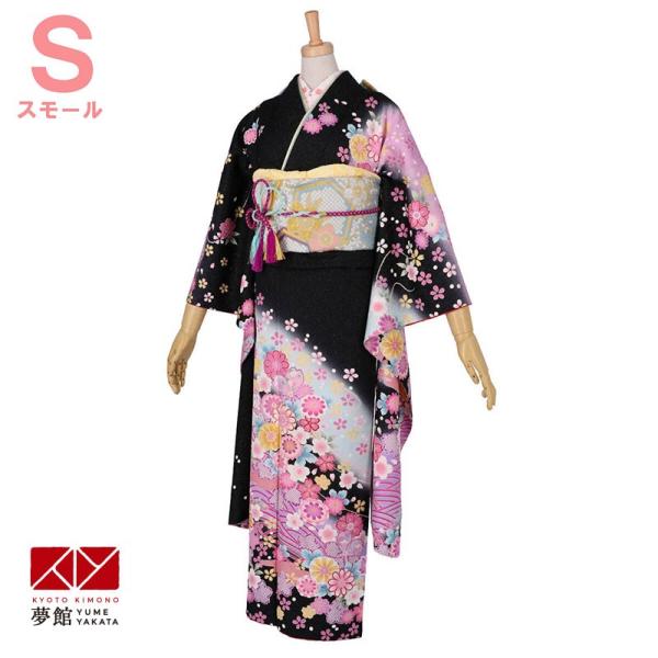 振袖レンタル  黒×藤ぼかし 桜と花々に波 成人式 結婚式 対応身長141〜146cm 2〜11月利...