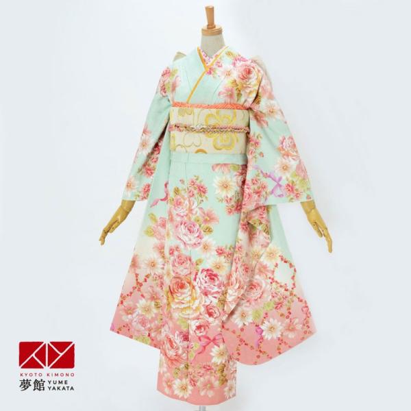振袖レンタル リズリサ  水色裾ピンクボカシ 薔薇にリボン 成人式 結婚式 対応身長154〜165c...