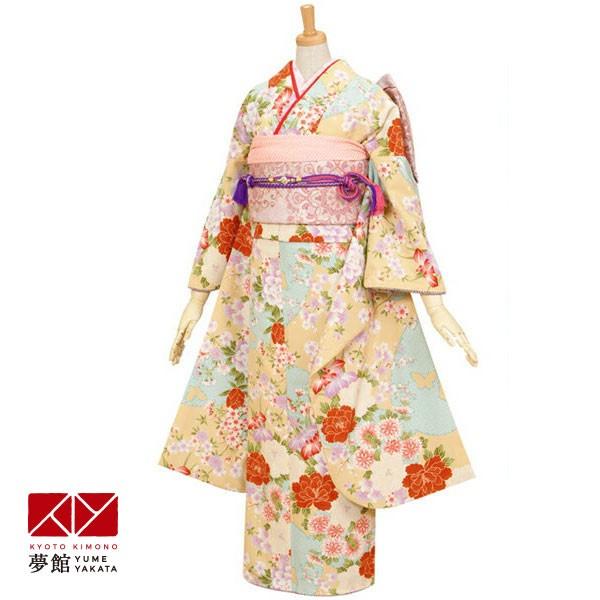 振袖レンタル きもの道楽  クリーム 牡丹と絞り柄の蝶々 成人式 結婚式 対応身長155〜159cm...