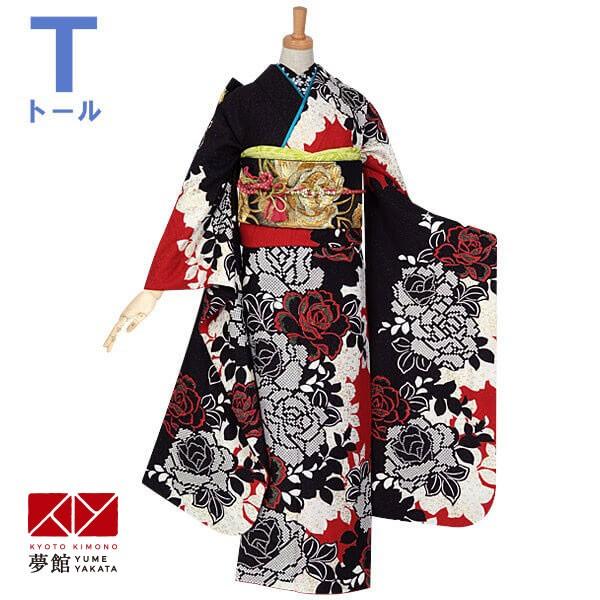 振袖レンタル  赤・黒 シルエットローズ（R699）(絹) 成人式 結婚式 対応身長165〜169c...
