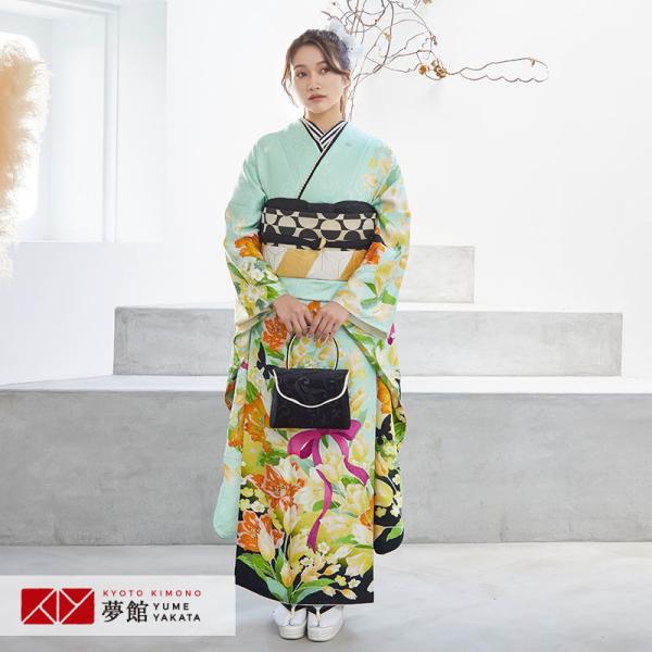 定価35900円振袖 レンタル 成人式 結婚式 グリーン　チューリップにリボン(絹) Lako Ku...