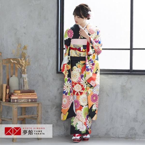 定価63900円振袖 レンタル 成人式 結婚式 黒 牡丹にねじ梅鶴 紅一点 12月〜1月利用 対応身...