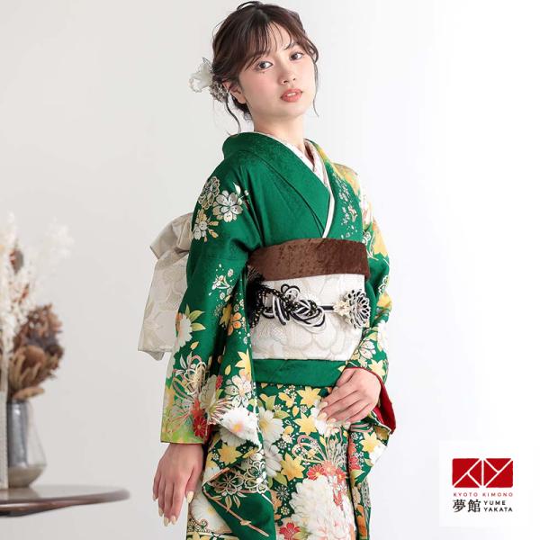 12月・1月利用 振袖 レンタル 成人式 結婚式 緑　花薬玉に雪輪12月〜1月利用 対応身長154〜...