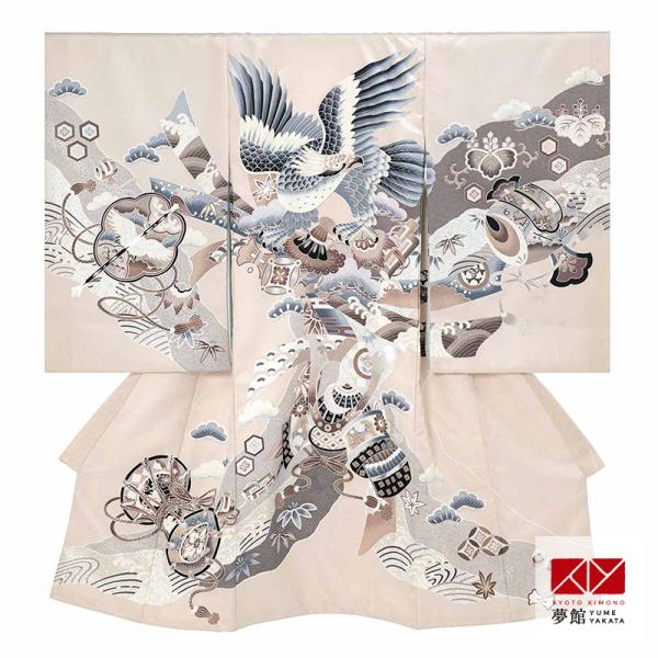 産着 お宮参り 着物 レンタル 男の子 薄ベージュ 鷹に兜 のしめ 祝い着 初着 SB094