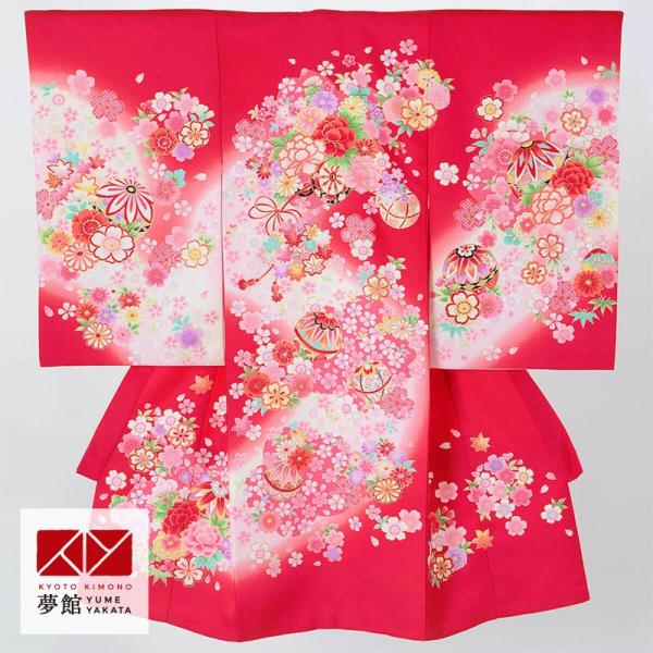 産着 お宮参り 着物 レンタル 女の子 赤 花車に手毬と花々 初着 祝い着 SG039