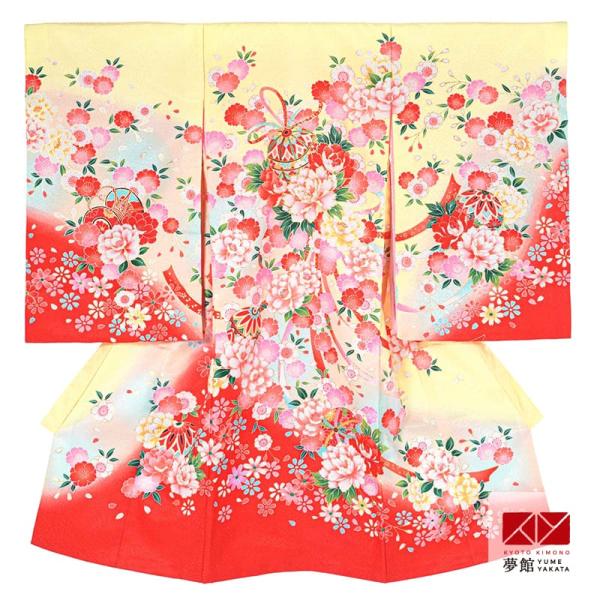 産着 お宮参り 着物 レンタル 女の子 黄×赤 手毬花薬玉 初着 祝い着 SG069