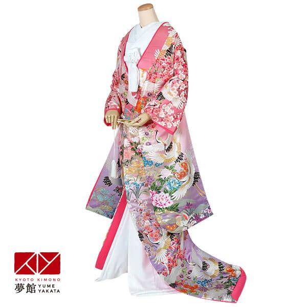色打掛 結婚式 婚礼 花嫁 衣装 着物 レンタル 安い ピンク紫 飛鶴草花 ホテル・式場への配送OK...