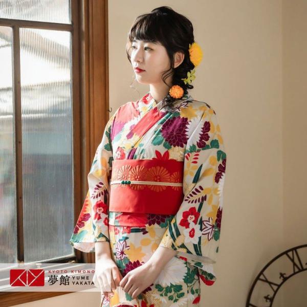 浴衣 レンタル サンドグレー　赤紫菊と秋草 YK048