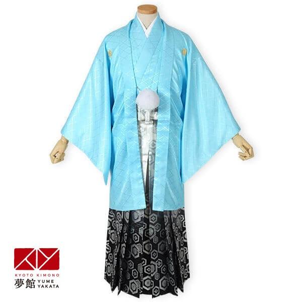 紋付袴 レンタル 結婚式 成人式 卒業式 水色紋付×柄袴  対応身長178〜182cm YS013-...
