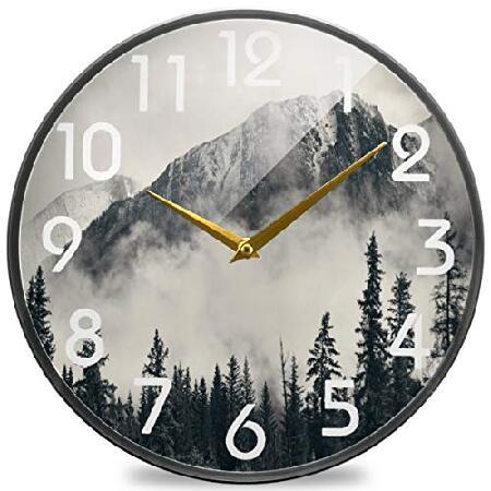 Naanle Chic Banff 国立公園 霧山と森の丸型壁時計 9.5インチ 静音電池式 クォー...
