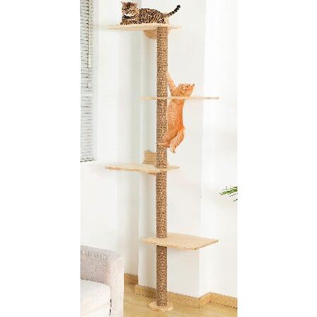 モダンキャットツリークライミングポストタワー 屋内猫用 壁取り付け式 トールスクラッチポール 無垢材...