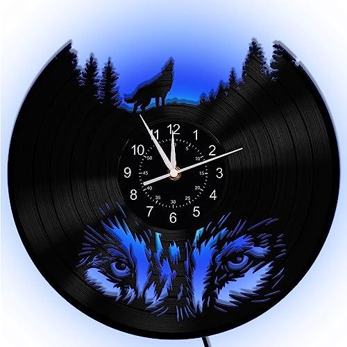 オオカミの壁時計 ウルフの家の装飾 7つのLED ナイトライト 12インチ ビニールレコードの壁時計...