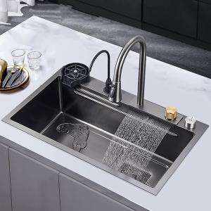 キッチンシンク 長方形シンク ステンレススチール レインダンス ウォーターフォールシンク ガラスすすぎと排水セット付き 高圧カップリンサー 業務用 バーカウン