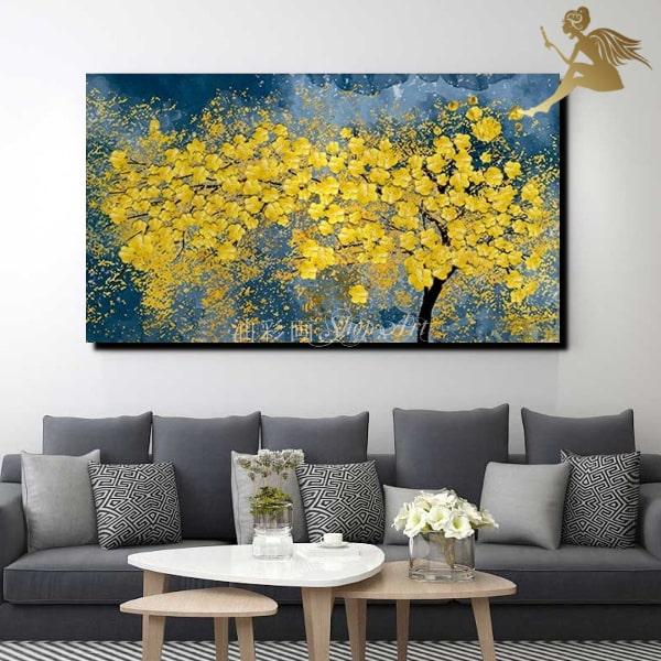 アートパネル 絵画 手書きの油彩画 風景 フラワー おしゃれ 特大1パネル １本の木黄色の小花