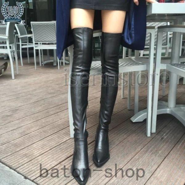ニーハイブーツ ロング 膝上 秋冬 ポインテッドトゥ ローヒール ストレッチブーツ レディース ロン...