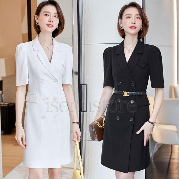 レディース 半袖 スーツワンピース ビジネス 細見え フォーマルワンピース 通勤 エレガント 結婚式...