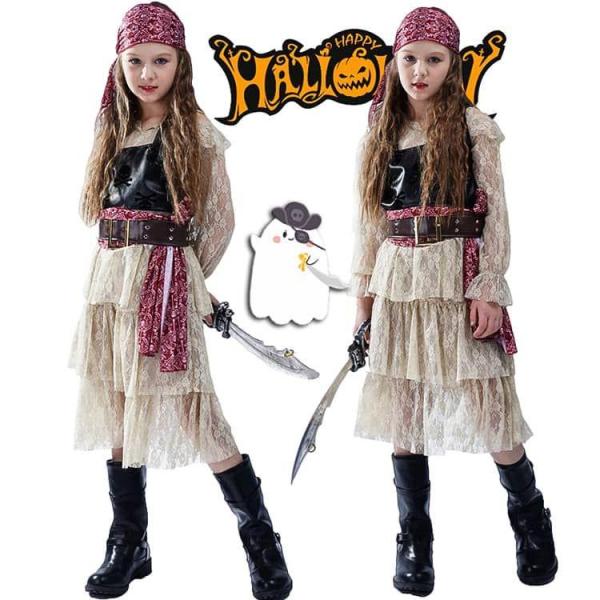 海賊 パイレーツ ハロウィン 衣装 子供 女の子 可愛い レースワンピースセット ハロウィン コスプ...