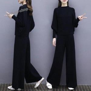 セットアップ レディース 40代 秋冬 セットアップ 長袖 ドルマンスリーブトップス ワイトパンツ ロング丈 カジュアル2点セット オシャレ