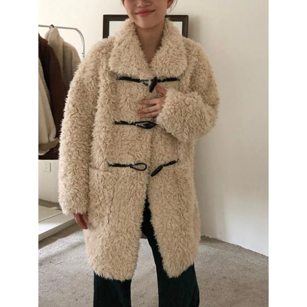 韓国風 リラックス 厚手 保温 ダッフルボタン テディベア風 ロング丈 ゆったり コート アウター ...