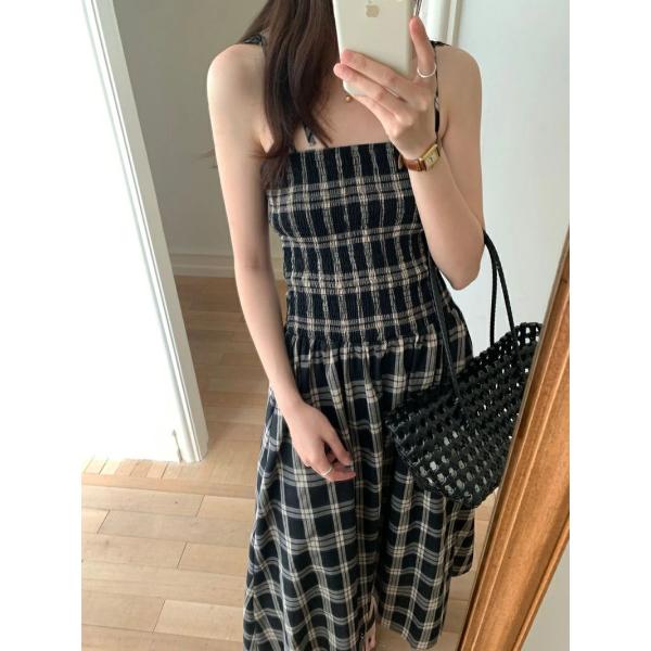 レトロ風　日本風　スイート　チェック柄　シャーリング　キャミソール　ベアトップ　ロング丈　ワンピース
