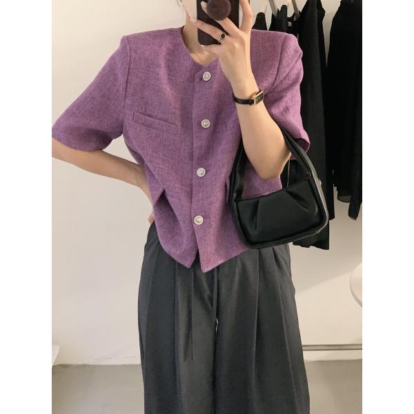 韓国　東大門　エレガント　シャネル風　ツイード　デザインボタン　半袖　ジャケット　3色展開