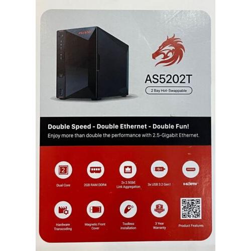 Asustor AS5202T - 2 Bay NAS, 2.0GHz Dual-Core, 2 2...