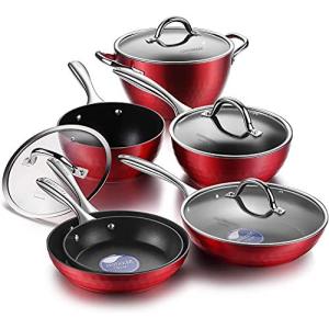 COOKSMARK 鍋 フライパンミックスセット IH対応 ダイヤモンドコート ガラス鍋蓋付 キラキラな光沢感 10件セット レッド