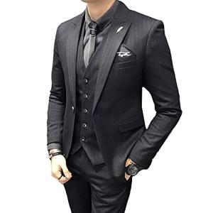 Wenergy スリーピーススーツ　メンズ　スーツセットアップ　ストライプ柄　M~4XL　スリムスーツ　ビジネス　成 スリーピーススーツ　メンズ　スーツセットアップ　ストライプ柄　M~4XL　スリムスーツ　ビジネス　成人式結婚式二次会披露宴パーティー ブラック L