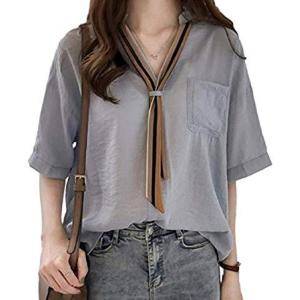 1/2style リボン ブラウス 女性 女 おんな 半袖 五分袖 5分袖 とろみ オフィス 形態 安