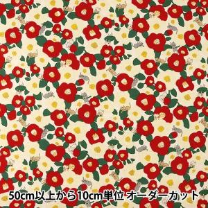 【数量5から】 生地 『綿麻キャンバス 椿ネコ 白 KTS6495-A』 COTTON KOBAYASHI コット