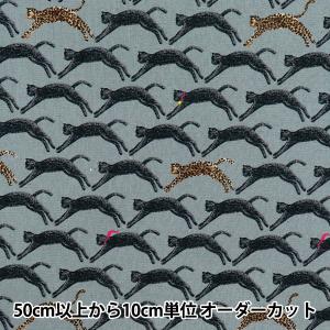 【数量5から】 生地 『綿麻シーチング 飛び猫 グリーン KTS7103-C』 COTTON KOBAYASHI コットンこばやし 小林繊維