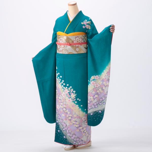 振袖レンタル (成人式) 振袖 フルセット Mサイズ 花柄 グリーン系 着物 レンタル着物 セット ...