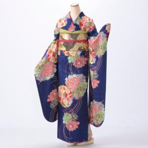 振袖 中古 フルセット 成人式 Lサイズ 花柄 青・紺系 正絹 結婚式 卒業式 セット 26922 爆買
