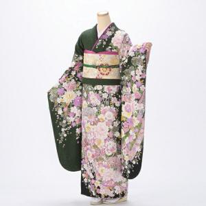 京都きもの友禅 振袖 中古 フルセット 成人式 Mサイズ 花柄 赤・ワイン