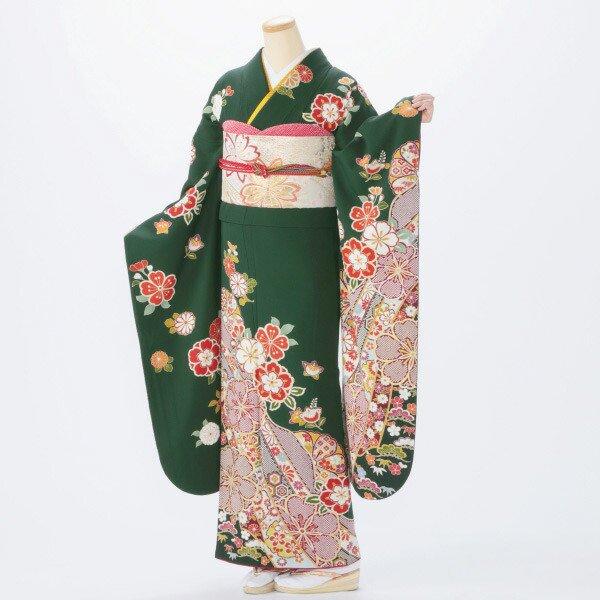 振袖レンタル (成人式期間外) フルセット Mサイズ 花柄 正絹 セット グリーン系 96731 爆...