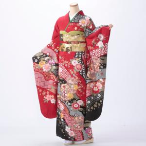 京都きもの友禅 振袖 中古 フルセット 成人式 Lサイズ 絞り 赤・ワイン