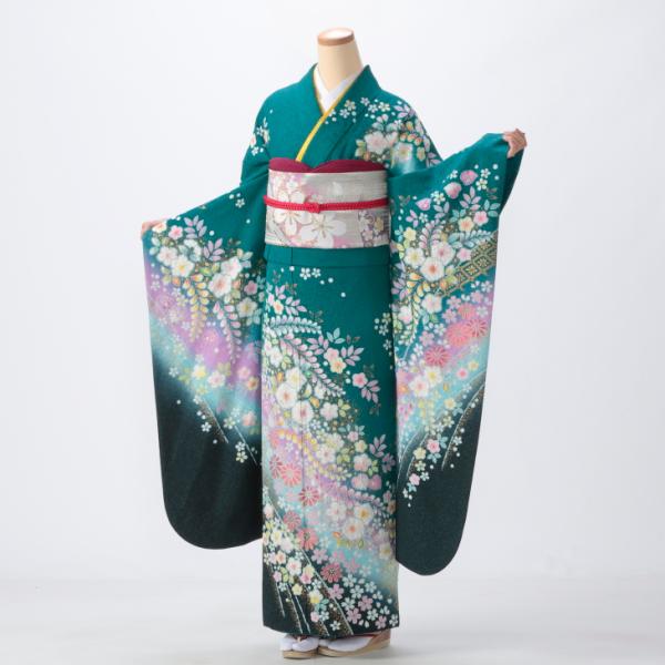 振袖レンタル (成人式) 振袖 フルセット Lサイズ 辻が花 グリーン系 着物 レンタル着物 セット...