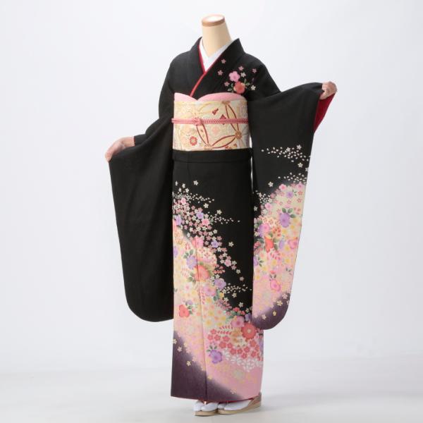 振袖レンタル (成人式) 振袖 フルセット Sサイズ 花柄 黒系 着物 レンタル着物 セット 正絹 ...