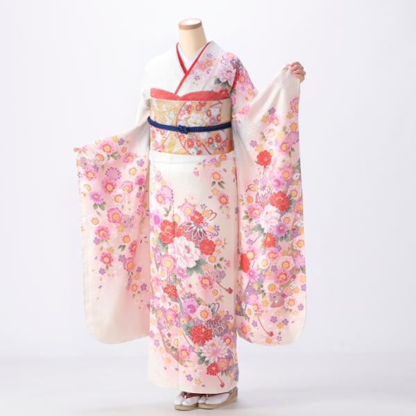 振袖レンタル (成人式) 振袖 フルセット Mサイズ 花柄 白・グレー系 着物 レンタル着物 セット...